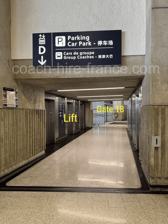 Take the lift Gate 18 at CDG Terminal 1 to go to the coach park